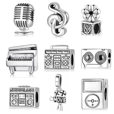 Abalorios de plata de ley 925 con diseño de música, Charms para pulsera customizable, con diseño de Piano y micrófono ► Foto 1/6