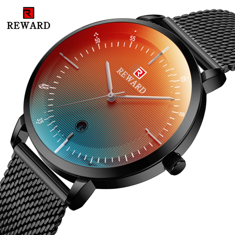 REWARD-relojes de acero inoxidable para hombre, reloj masculino de cuarzo, resistente al agua, con calendario y cambio de Color brillante, Reloj De Pulsera De Negocios ► Foto 1/6