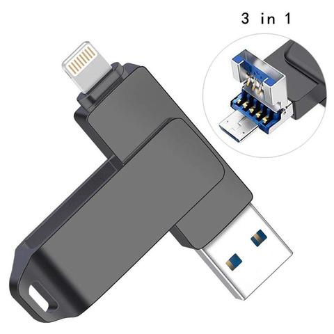 Unidad Flash USB para iPhone y Android, 256 de memoria USB 3,0 GB, 3 en 1, almacenamiento externo, dispositivos de memoria para iPhone/Android ► Foto 1/6