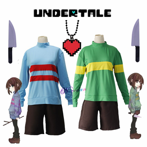 Disfraz de Frisk Chara Undertale para hombres y mujeres, conjunto de ropa de cuello alto, sudadera, chaqueta, pantalones cortos, cuchillo, Collar con corazón ► Foto 1/6