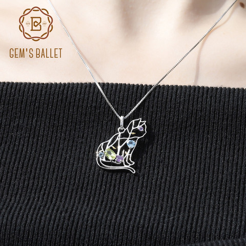 GEM'S BALLET-collar de plata de ley 925 con colgante de gato, hecho a mano, con peridoto Natural, amatista, topacio, GEMA, joyería ► Foto 1/6