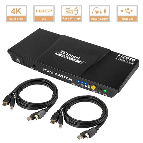 KVM Switch 2 puertos 4K @ 60Hz más nuevo Ultra HD 2x1 con 2 uds 5ft KVM Cables compatibles con teclado y ratón pasar a través de USB ► Foto 1/6