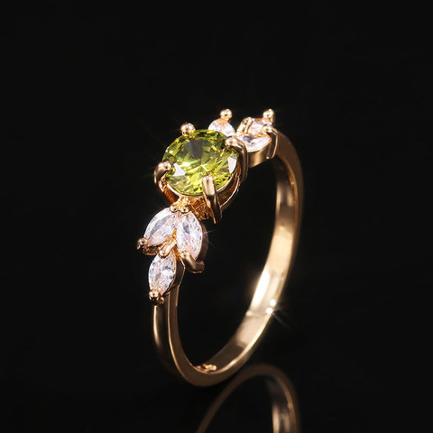 Huitan-Anillo de boda delicado para mujer, circón redondo verde oliva con forma de hoja, Color dorado elegante, joyería de regalo para chica ► Foto 1/6