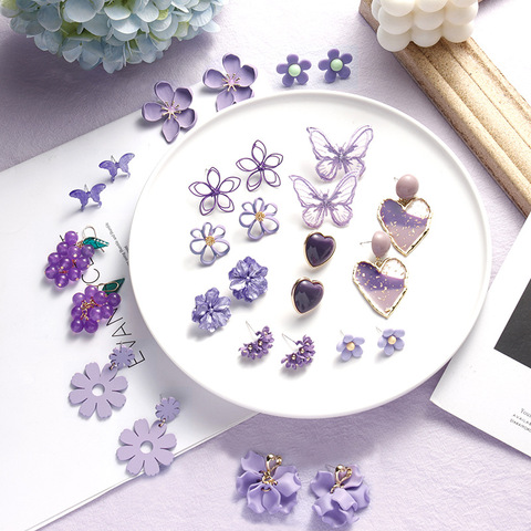 2022 Corea púrpura geométrica colgante pendientes múltiples pendientes colgantes únicos diseño flores mariposa corazón acrílico cuelga pendiente ► Foto 1/6