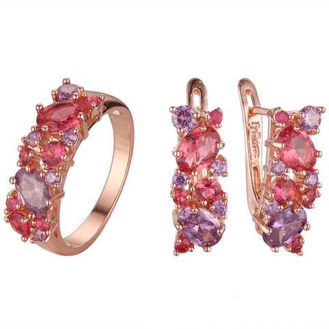 Conjunto de joyas recién llegadas 2022 para mujer, Color oro rosa, accesorios de lujo, piedra colorida, anillo de boda/pendientes, conjuntos de joyería 585 ► Foto 1/6