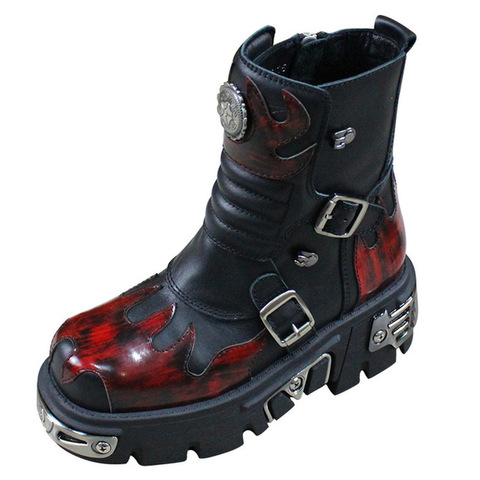 Hebilla de plataforma de punta redonda de cuero genuino para mujer, zapatos de tacón de cuña con remache gótico Punk Flame, metálicos, 5 estilos, nuevo, de lujo ► Foto 1/6