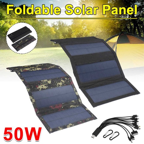 Energía Solar 50W 5V Solar plegable Panel Solar células plegable Pack 10 in1 Cable USB portátil cargador de batería Solar para teléfono Camping ► Foto 1/1