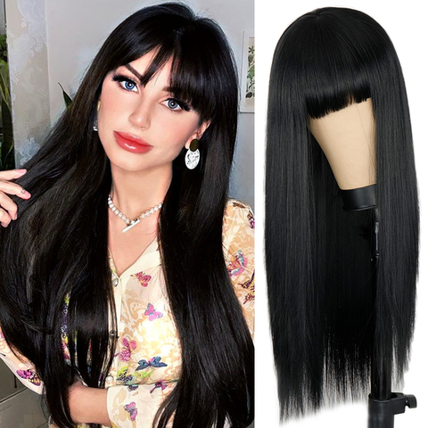 Peluca larga de cabello sintético para mujer, cabellera artificial larga con flequillo, color negro, resistente al calor ► Foto 1/1