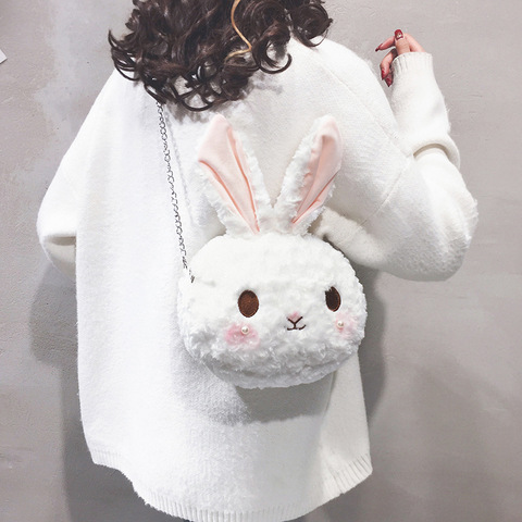 Bolso de invierno suave y esponjoso de conejo de peluche, bolsa con correa para el hombro y perlas blancas, bolso cruzado con cadena Kawaii para chicas, bolsa de maquillaje informal para Teléfono de almacenamiento ► Foto 1/6