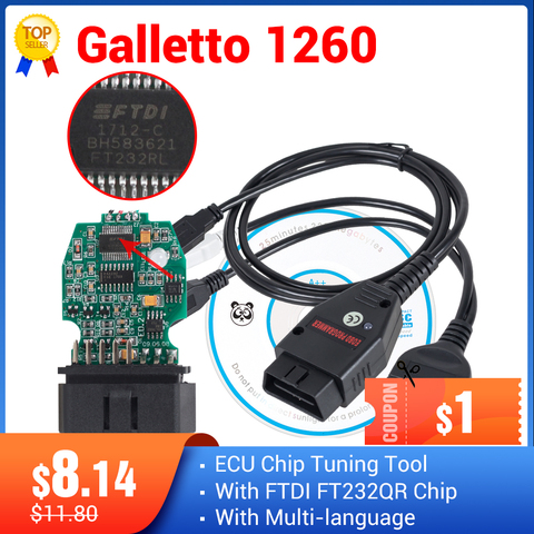 Herramienta de afinación de Chip Galletto 1260 ECU EOBD/OBD2/OBDII flash Galleto 1260 ECU con motor FTDI FT232RL tuning ► Foto 1/6