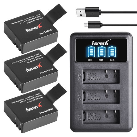3 uds. De baterías SJ4000 PG1050 + LED, Cargador USB con 3 ranuras para SJCAM SJ4000 SJ5000 EKEN M10 4K H3 H8 H9 GIT-LB101 GIT PG900 ► Foto 1/6