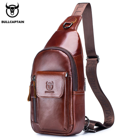 BULLCAPTAIN-Bolsos de mensajero de cuero genuino para hombre, mochila de pecho informal, a la moda, multifuncional, para música, bolsa de pecho de excursión ► Foto 1/6