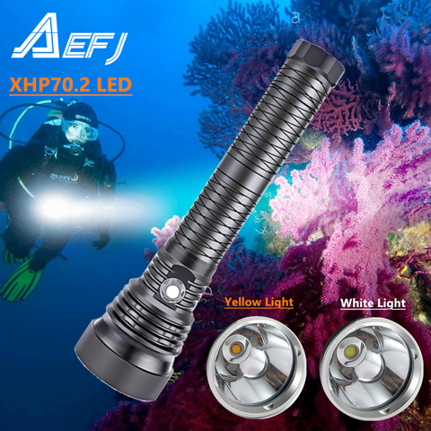 Linterna de buceo profesional XHP70.2, 7000 LM, LED, resistente al agua, 150M, para buceo al aire libre, amarilla/blanca ► Foto 1/6