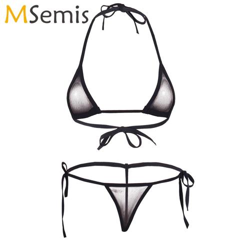 Lencería sexi de mujer, conjunto erótico de malla transparente, Micro Bikini extremo, ropa interior femenina, Mini sujetador Halter, Top con Tanga G-String ► Foto 1/6