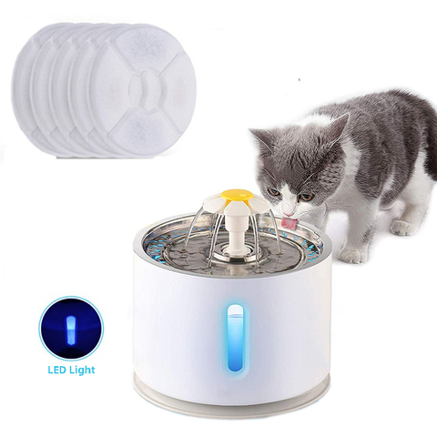 Fuente de agua para mascota, dispensador automático, bebedero silencioso de perros y gatos, con iluminación LED, 5 filtros, 2,4 L y USB ► Foto 1/6