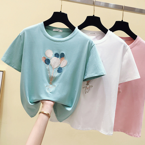 Gkfnmt-Camiseta rosa de verano para mujer, remera blanca con bordado Kawaii para mujer, ropa coreana, camiseta informal de manga corta para mujer ► Foto 1/6