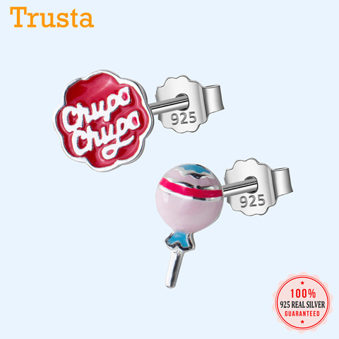 Trusta 100% Plata de Ley 925 joyería de moda lindo pequeño asimétrico caramelo pendientes con pasador en forma de letra para niñas DS584 ► Foto 1/6