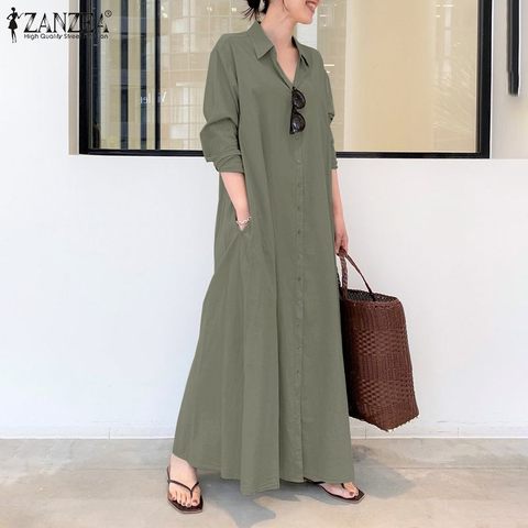 ZANZEA-Vestido camisero liso para mujer, Vestido largo informal de manga larga con botones y solapa de talla grande para Otoño del 2022 ► Foto 1/6