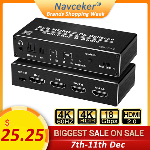 2022 4K HDMI 2,0 interruptor de 2 en 2 4K @ 60hz 2x2 conmutador HDMI Splitter con óptico Toslink SPDIF y 3,5mm Jack de Audio Extractor ► Foto 1/6