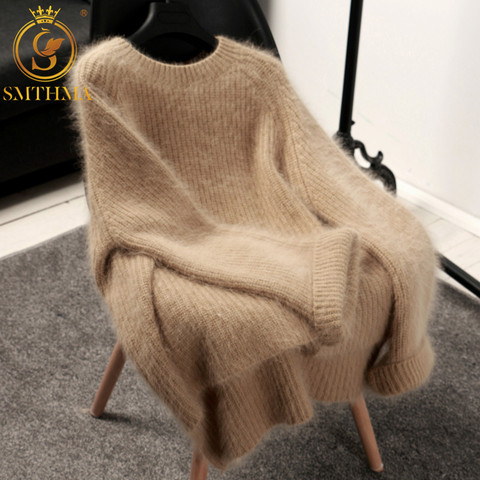 Suéter grueso de Mohair con cuello redondo para mujer, suéter de punto holgado de Color puro de manga larga, Top de punto asimétrico, novedad de invierno ► Foto 1/6