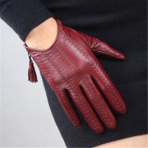 Guantes de piel auténtica para mujer, guantes de piel de cabra clásicos rojos, con pantalla táctil, borla y cremallera, corta de piel ► Foto 1/6