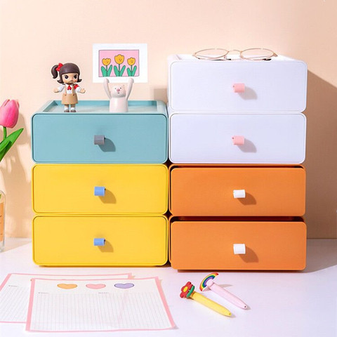 MINKYS-organizador de escritorio Kawaii Morandi, caja de almacenamiento de escritorio de Color ABS, papelería, maquillaje, pegatina gratis, escuela, suministros de oficina ► Foto 1/5