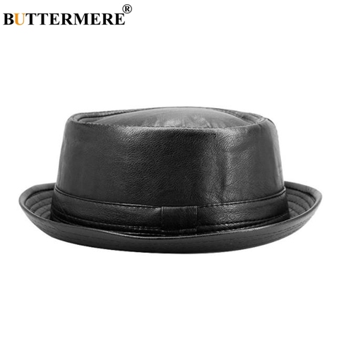 BUTTERMERE hombres cuero negro Trilby sombrero hombre Fedora tapa Retro de las mujeres de otoño marca sombrero Vintage de los hombres de Jazz sombreros ► Foto 1/6