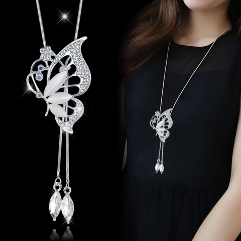 Collares y colgantes de mariposa de ópalo para mujer, collar largo de moda, Gargantilla Vintage, joyería de cadena de plata para mujer ► Foto 1/6
