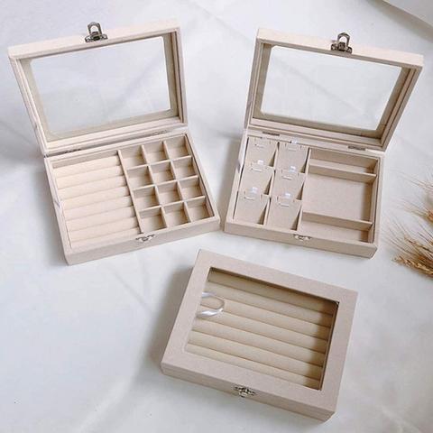 Caja para presentación de joyas, estuche de terciopelo Beige de lujo para anillos, pendientes, pulseras, collares, organizador de almacenamiento ► Foto 1/6