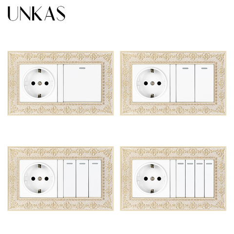 UNKAS-Panel metálico de aleación de Zinc 4D, enchufe europeo de 1, 2, 3 y 4 entradas, interruptor de luz On / Off de 1 / 2 vías, Marco Retro en relieve ► Foto 1/6