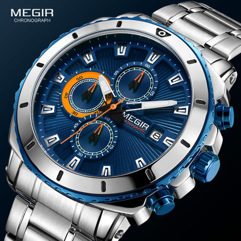 MEGIR-relojes de cuarzo con cronógrafo para hombre, esfera azul, de pulsera, análogo, de acero inoxidable, a la moda, manecillas luminosas, 2075G-2 ► Foto 1/6