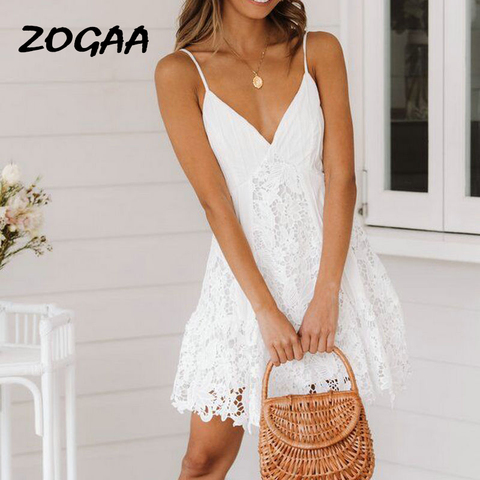 ZOGAA-vestido blanco de encaje bordado para mujer, minivestido Sexy con escote en V y tirantes finos, vestidos de playa femenino informales de cintura alta ► Foto 1/6