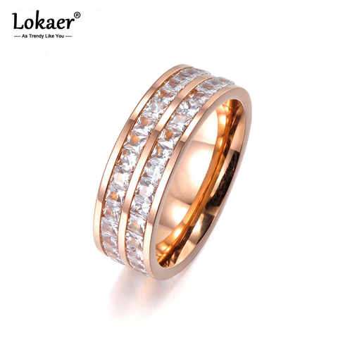 Lokaer-anillos de boda de acero y titanio para mujer, diseño Simple, pavé de dos filas, Circonia cúbica transparente, Color oro rosa, aniversario, R17050 ► Foto 1/6