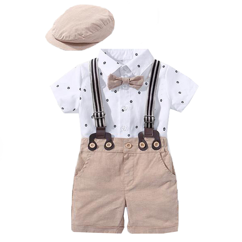 Conjunto de ropa de caballero para recién nacidos, conjunto de traje con lazo de bebé, Sombrero con lazo + mono estampado de velero + Pantalones cortos, cinturón, ropa de chico infantil ► Foto 1/6