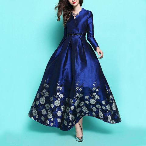 De alta calidad de talla grande S ~ 4XL la manga larga de las mujeres de largo Maxi vestido de otoño invierno otoño elegante azul Vintage Floral Ladis, vestido de fiesta ► Foto 1/6