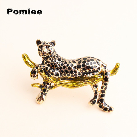 Broches de leopardo brillantes de esmalte negro Pomlee para mujer, broche a la moda de leopardo con Rama ► Foto 1/6