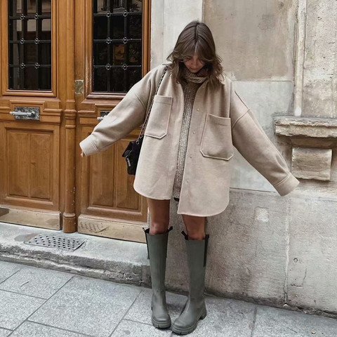 PUWD-camisa de lana con bolsillo suelto para mujer, de manga larga de Camel abrigo grueso, Casual, a la moda, Otoño, ropa larga, 2022 ► Foto 1/6