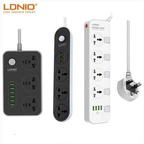 LDNIO-Interruptor de toma de corriente 2022, enchufe europeo, británico y estadounidense, 4 enchufes, 4 tomas USB, tablero enchufable, protector de sobretensiones de cable de línea de 2M ► Foto 1/6