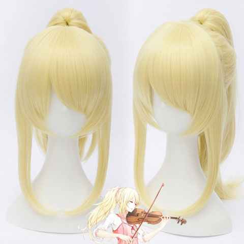 Peluca de Cosplay resistente al calor con Coleta, peluca de Cosplay, color dorado claro, Your lie in abril Kaori Miyazono ► Foto 1/4