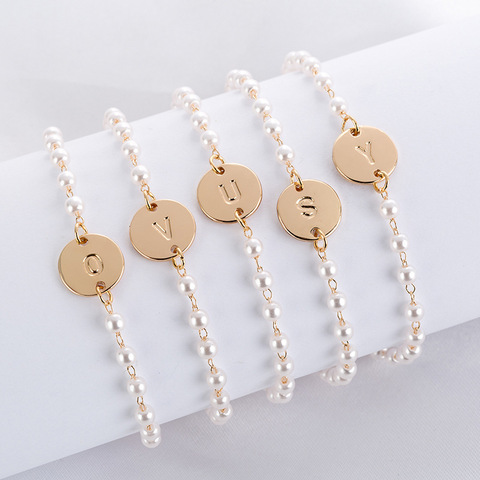 Pulseras sencillas DIY con 26 letras doradas, joyería redonda de perlas minimalistas de la amistad, nuevo diseño 2022 ► Foto 1/6
