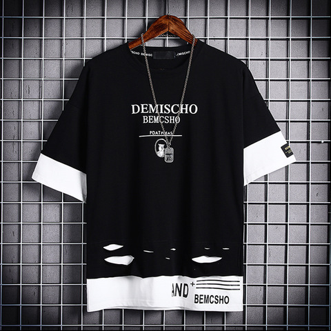 Camiseta de manga corta para hombre, Camiseta ajustada con agujeros, ropa informal estilo Hip Hop, Camiseta con cuello redondo de Fitness, camiseta para hombre ► Foto 1/1