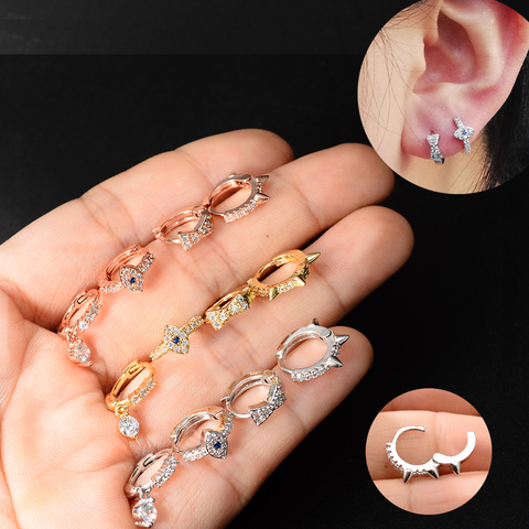 Nueva mal de ojo nudo remache encanto círculo pendiente Huggie pendientes de plata de oro rosa Color mosaico CZ Mini pendiente joyas de mujer Brincos ► Foto 1/6