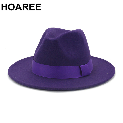 HOAREE púrpura de lana Jazz Fedora sombreros de los hombres de las mujeres de ala ancha Sombrero de estilo británico Sombrero Formal Sombrero Panamá vestido Sombrero ► Foto 1/6