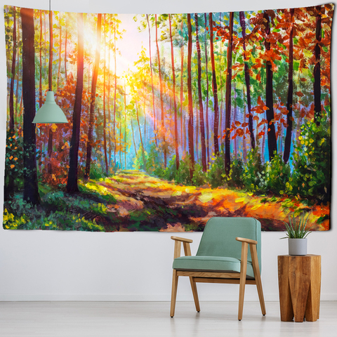 Pintura al óleo Retro, hermoso bosque, paisaje Natural, tapiz, colgante de pared, colcha de Mandala Hippie, arte bohemio, decoración del hogar ► Foto 1/6