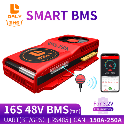 Dispositivo inteligente BMS 16S, 48V, 150A, 200A, 250A, Bluetooth 485 a USB, software NTC UART, placa de protección de batería li-on, BMS con ventilador ► Foto 1/6