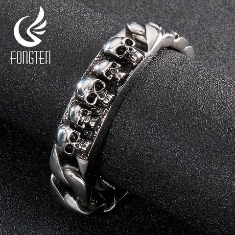 Fongten-pulsera con abalorio de cabeza de calavera para hombre, brazalete gótico de motorista, cadena de eslabones cubanos de acero inoxidable, joyería ► Foto 1/1