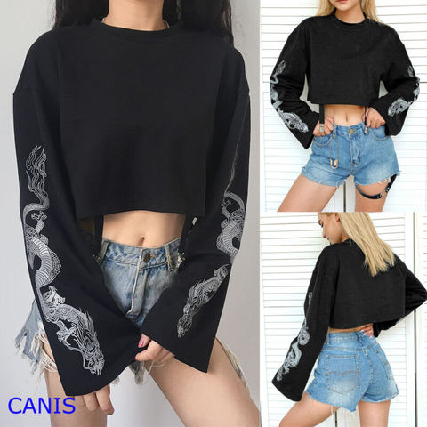 De manga larga de las mujeres Floral impreso O jersey de cuello de noche Fiesta Club Crop Top de impresión Tops Jersey ► Foto 1/6