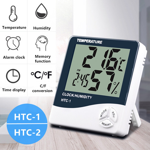 Medidor Digital de temperatura y humedad para interiores y exteriores, termómetro electrónico LCD, higrómetro, estación meteorológica, reloj, HTC-1, HTC-2 ► Foto 1/6