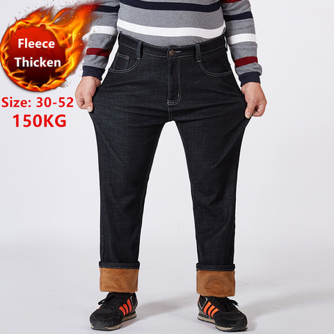 Invierno Jeans hombres cálido Denim de talla grande 42 46 48 50 52 150KG negro pantalones de cintura elástica alta de los hombres pantalones de lana pantalones espesar Jean ► Foto 1/6