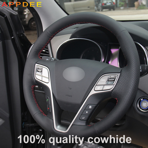 Funda de cuero Artificial para volante de coche, cubierta de cuero genuino negro para HYUNDAI Santa Fe 2013 Grand ix45, accesorios para interior ► Foto 1/6